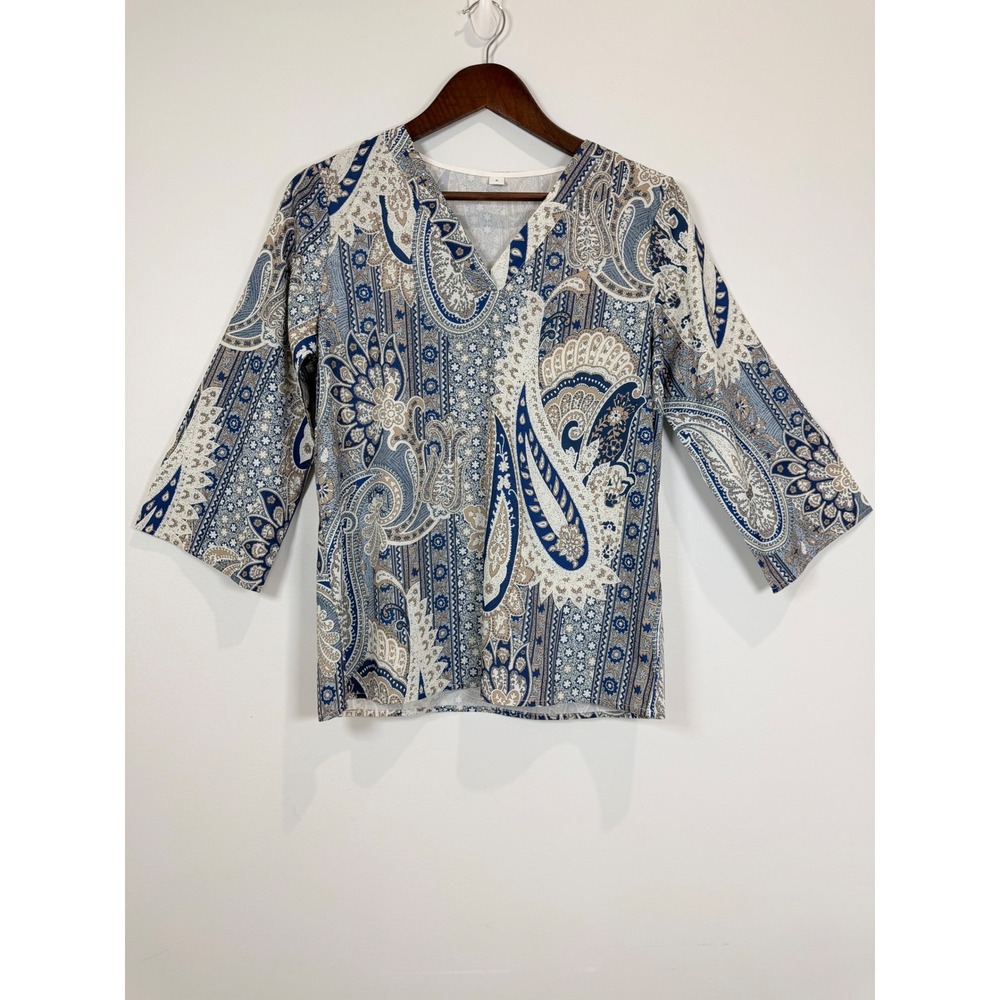 Blue Paisley V-Neck 3/4 Sleeve Bohemian Print Top Small